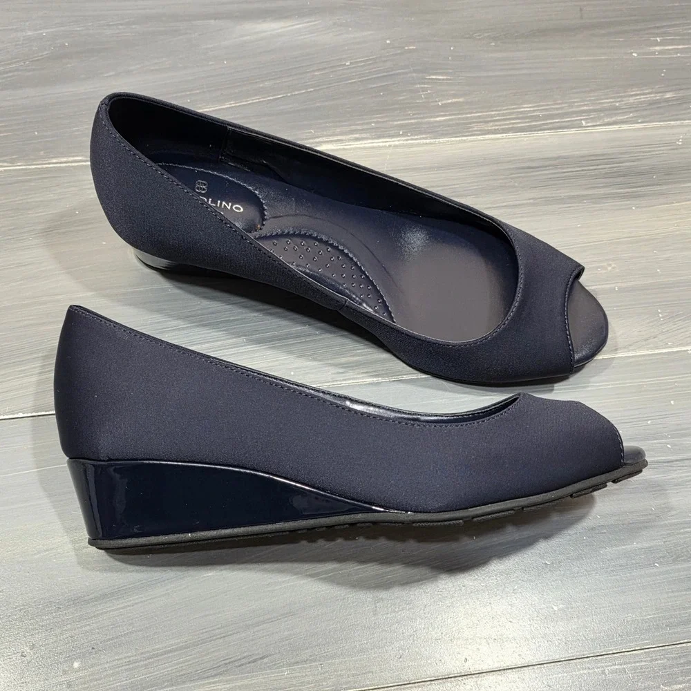 Bandolino Wedge Heels BDCANDRA Navy Blue Peep Toe Size‎ 7.5 W Wide